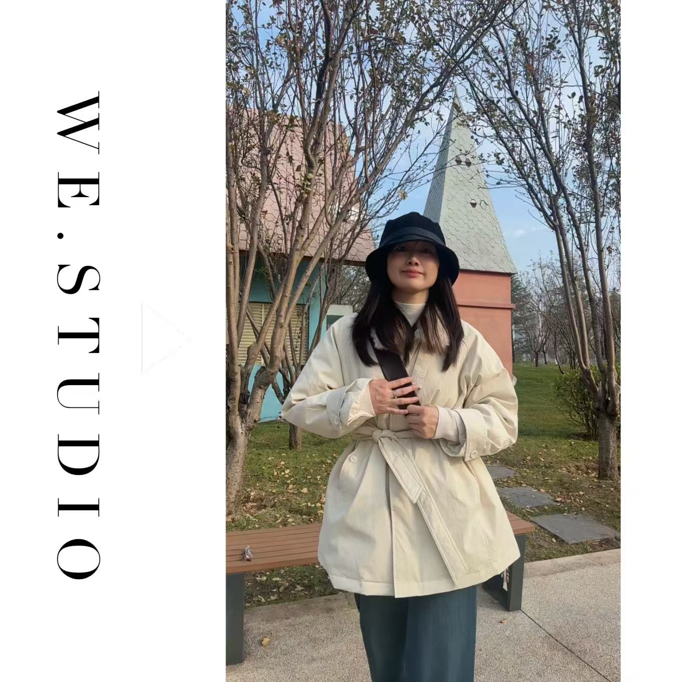 【WE】冬季新款毛领系腰带立领派克羽绒服