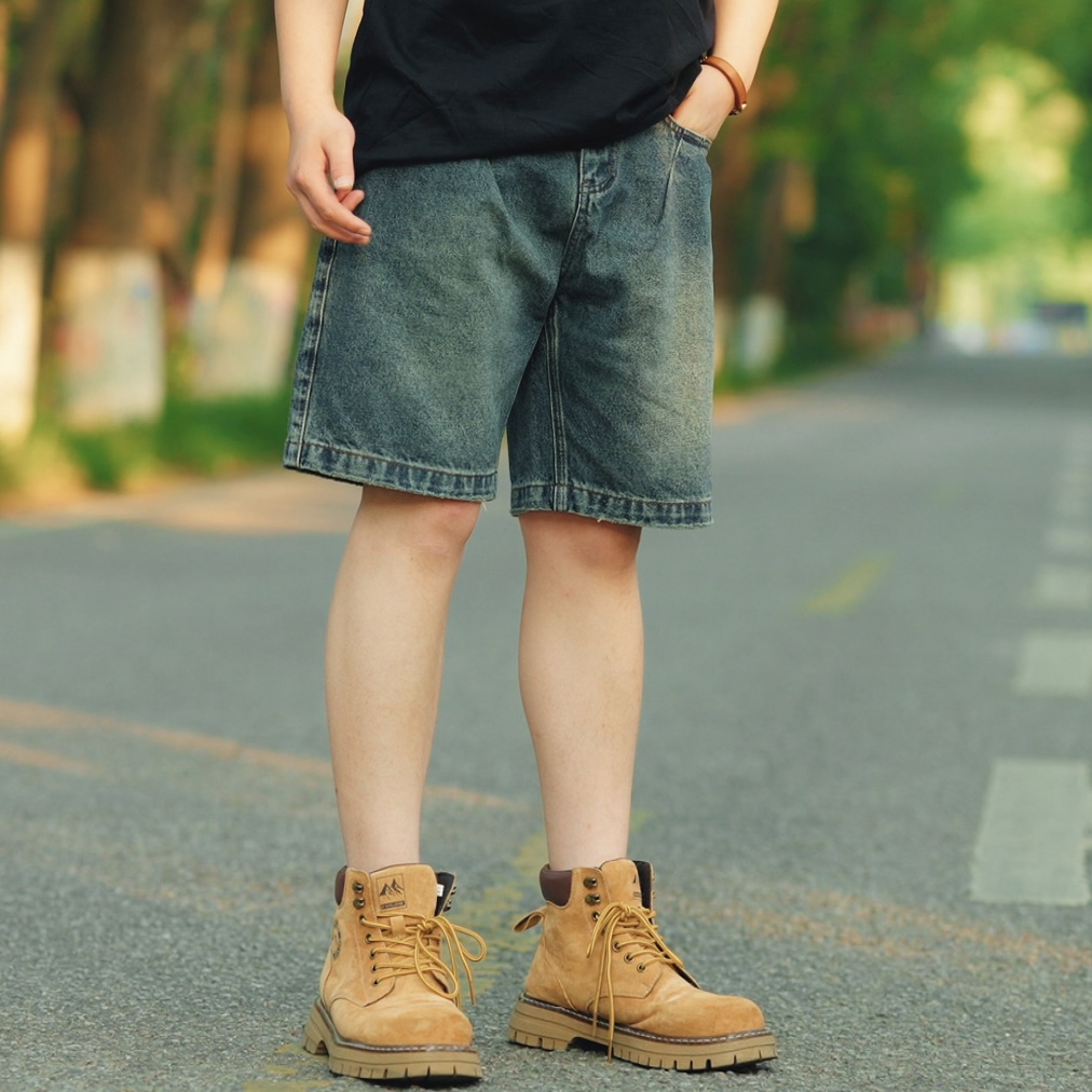 工装纯棉夏季重磅水洗做旧复古牛仔短裤多口袋潮裤弯刀