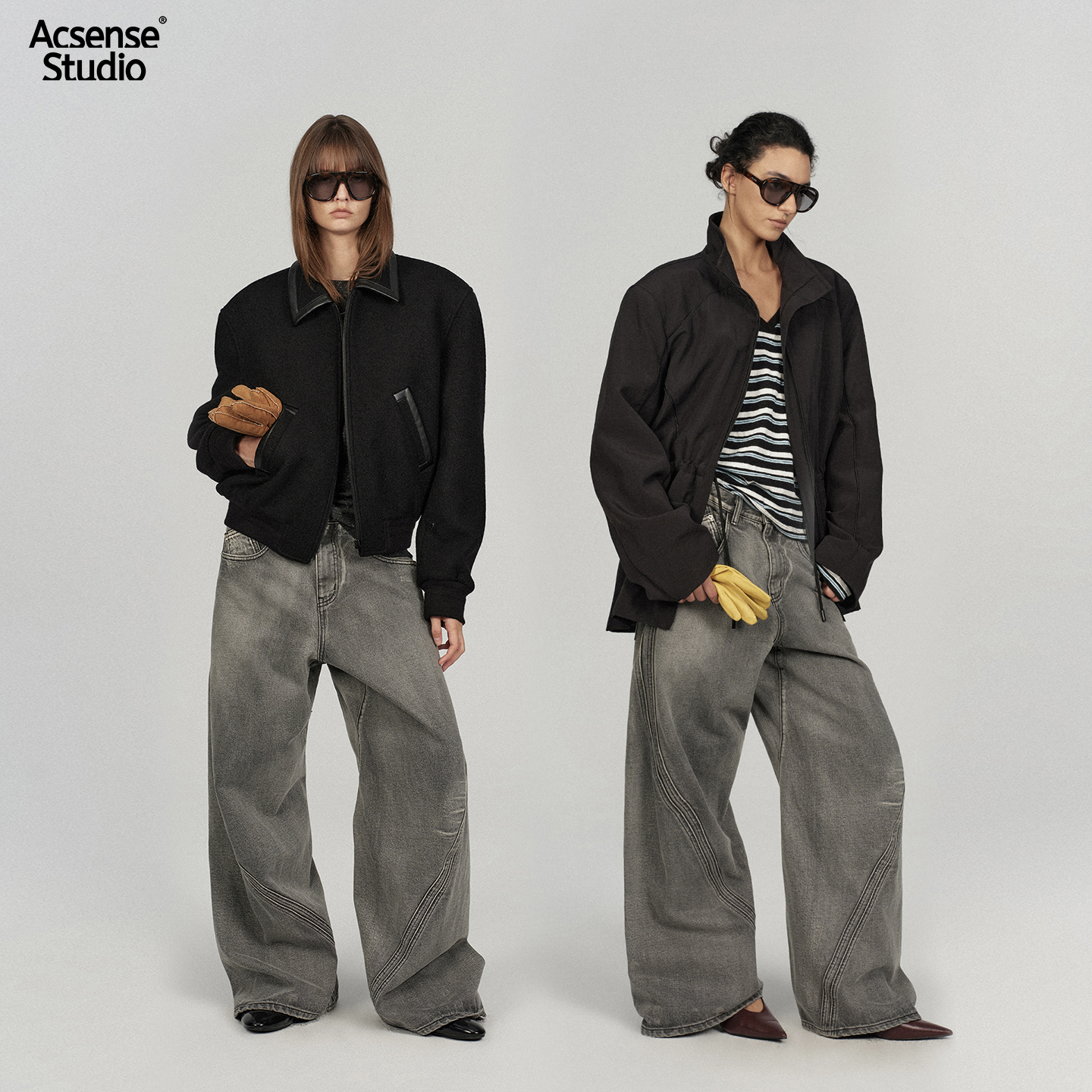 ACSENSE STUDIO 炒色雪花纹扭缝宽松牛仔裤