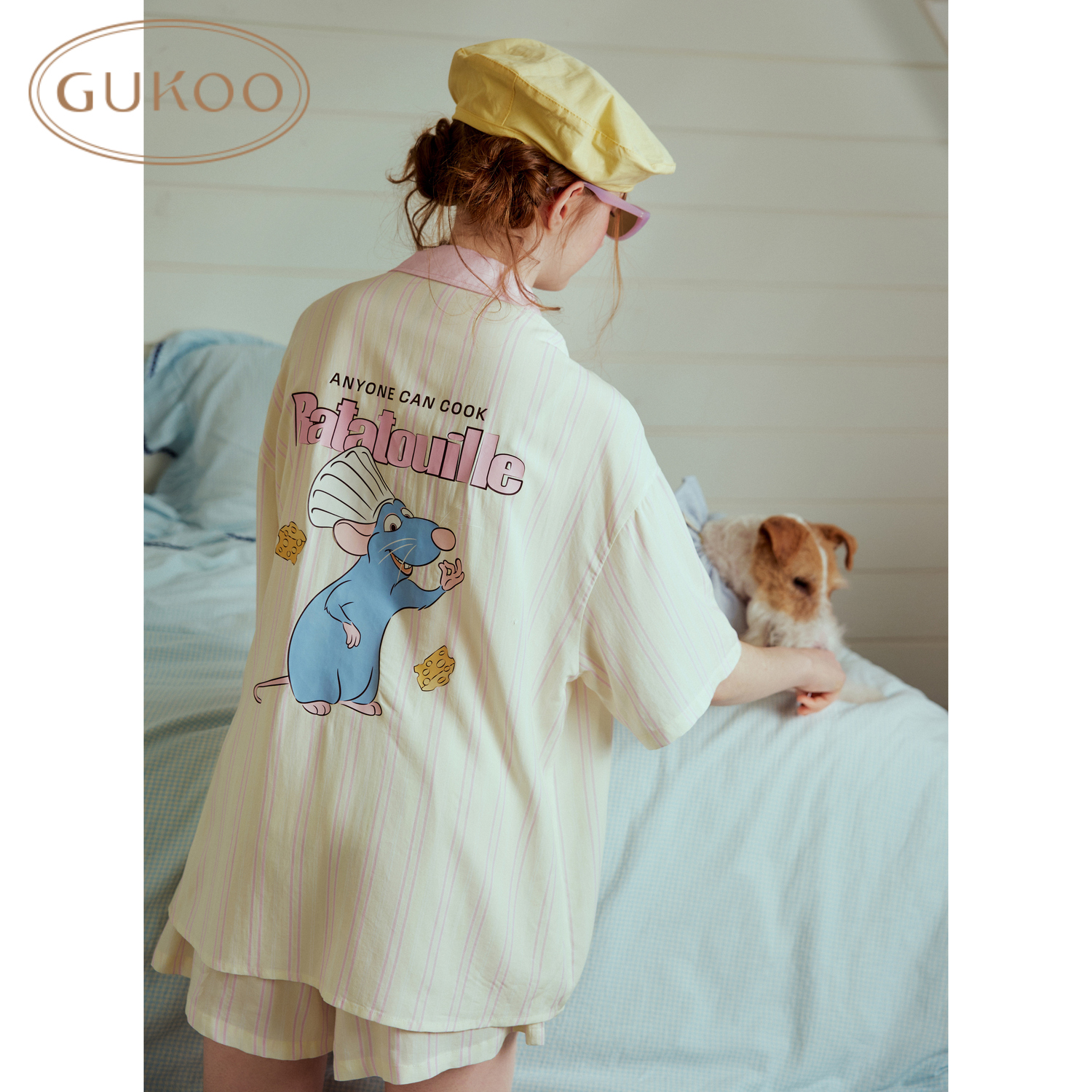 Gukoo/果壳26年夏季新款料理鼠王黄色条纹宽松甜美睡衣家居服