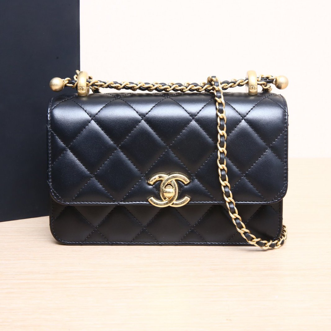 99新 Chanel/香奈儿 小花柳 24C CF 口盖包 双金球黑色芯片金扣
