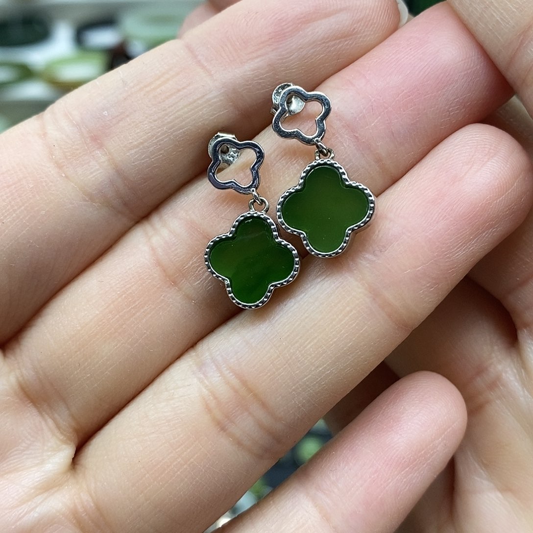 和田玉（碧玉）银S925镶嵌耳饰