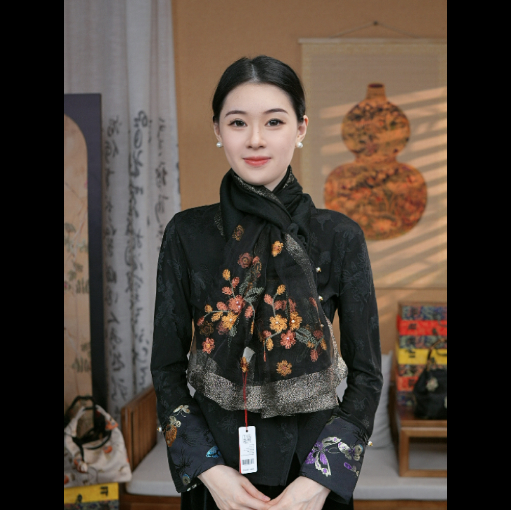 [黑色海棠花]桑蚕丝羊毛高货刺绣百搭优雅围巾女士披肩绣花长巾