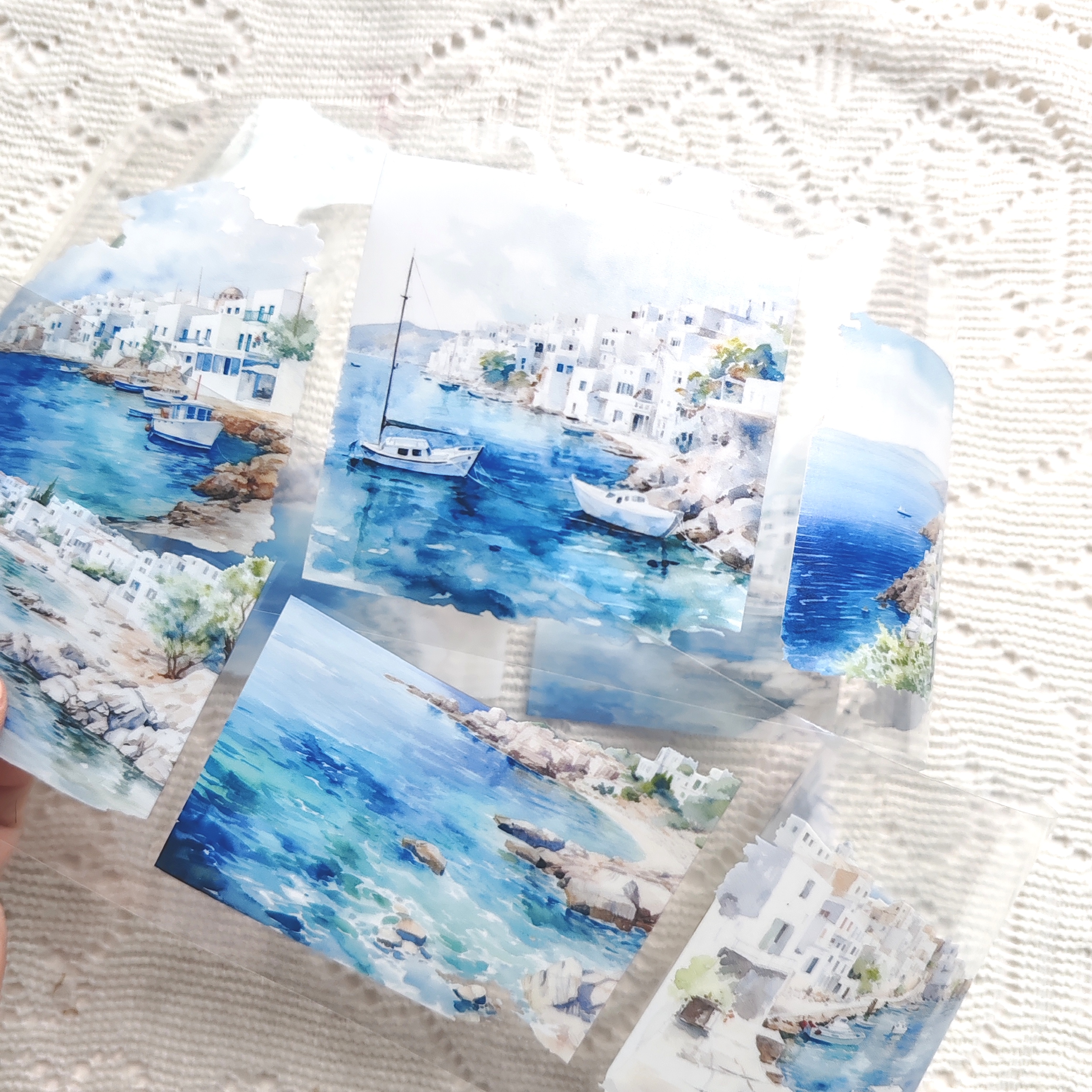 自制胶带爱琴海5pet白墨胶带海边造景手帐拼贴装饰咕卡背卡胶带