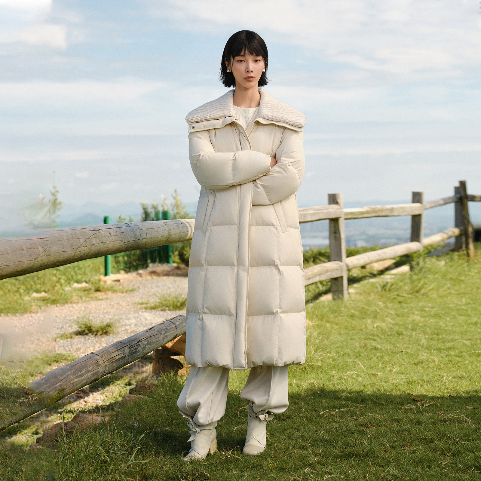 叙函长款羽绒服女25冬季新款宽大毛线领绗缝格纹固定羽绒外套