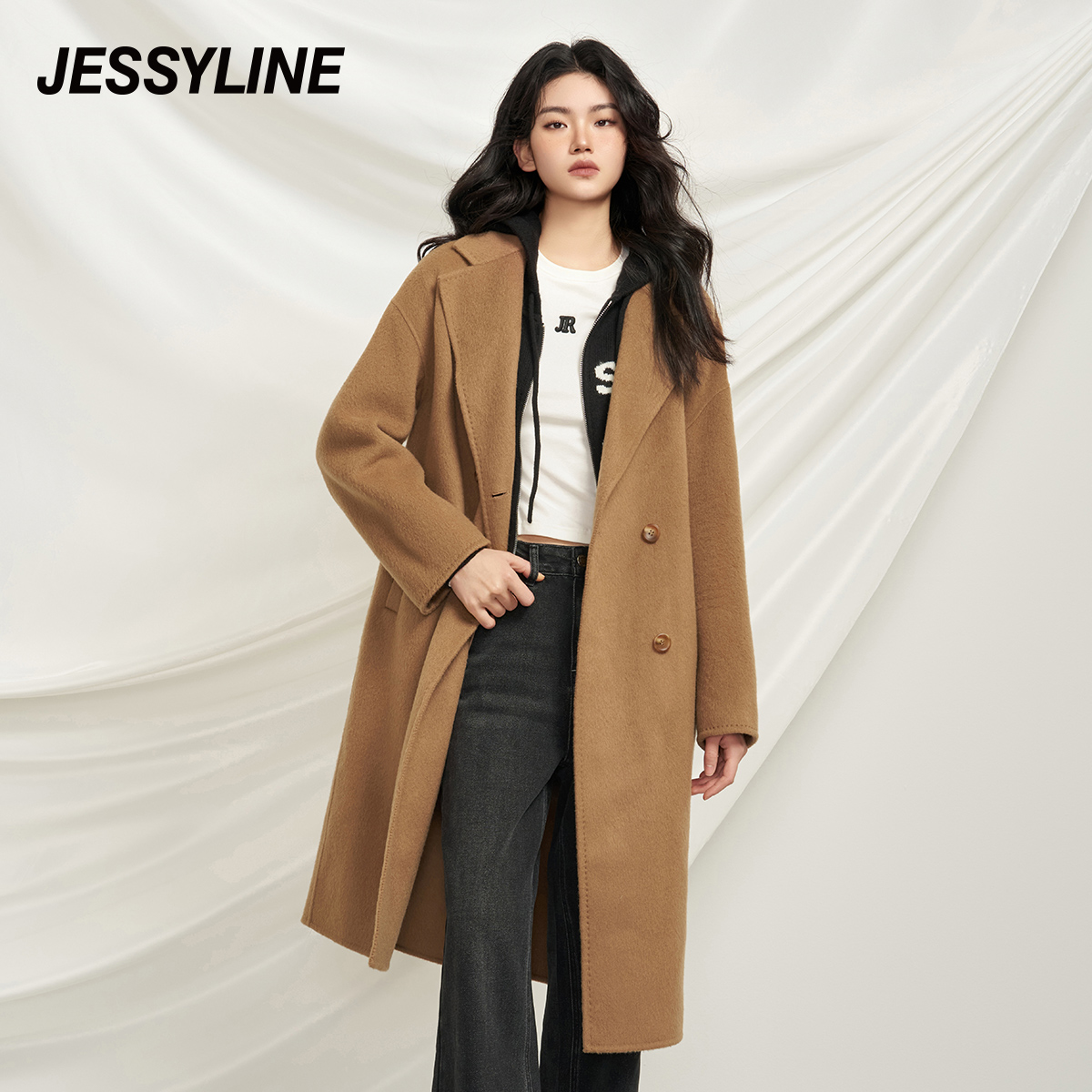 jessyline冬季新款毛呢外套 杰茜莱时尚简约气质宽松大衣