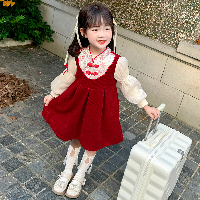 女童洋气秋冬新中式拜年服两件套中小童加绒国风红色背心连衣裙