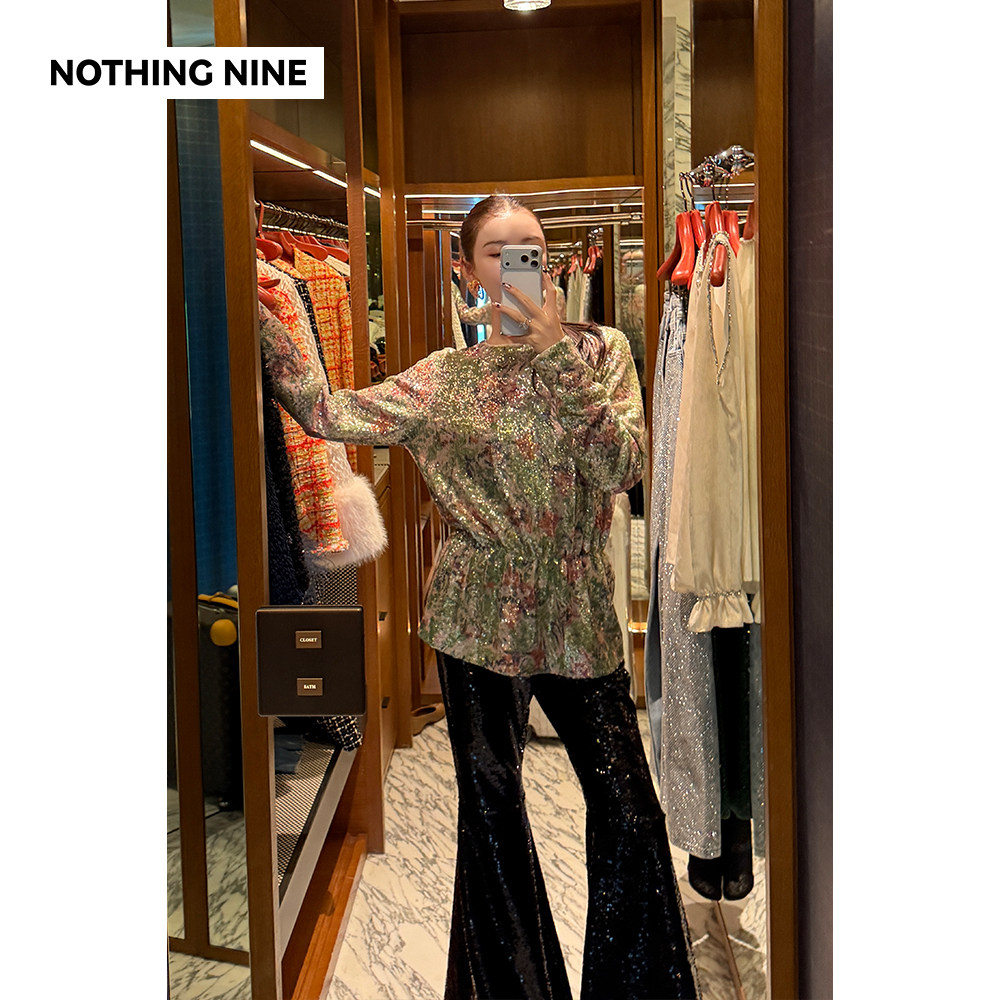 NOTHING NINE 弗洛拉尔定制亮片花卉圆领上衣