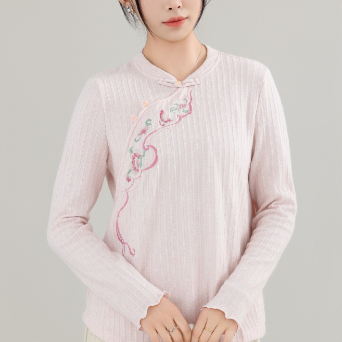 多金麻印25新中式国风刺绣立领斜襟秋季打底衫女款上衣8786