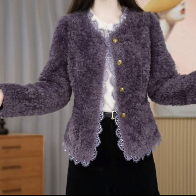 新款小香风蕾丝边外套女秋冬新款法式甜美百搭保暖毛上衣