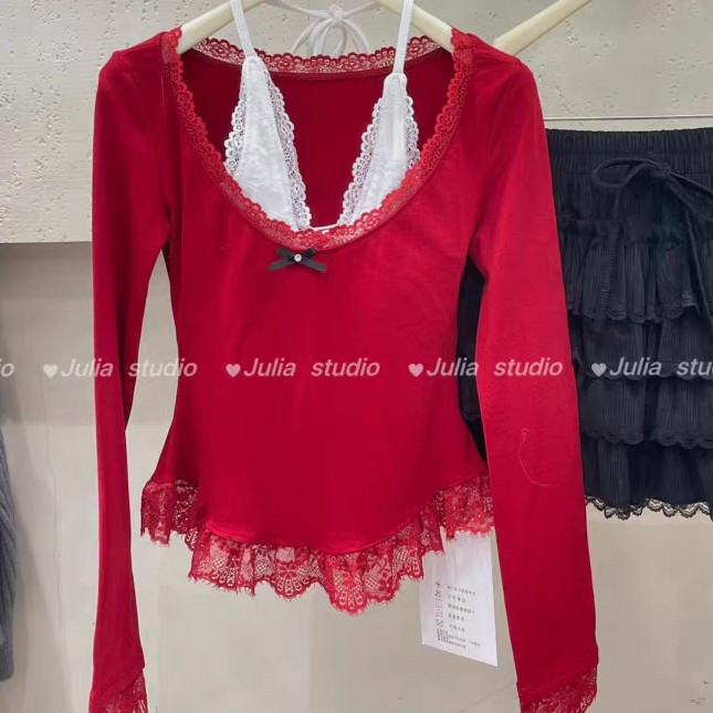 挂脖拼接蕾丝打底衫t恤秋冬季设计感小众修身辣妹内搭上衣女