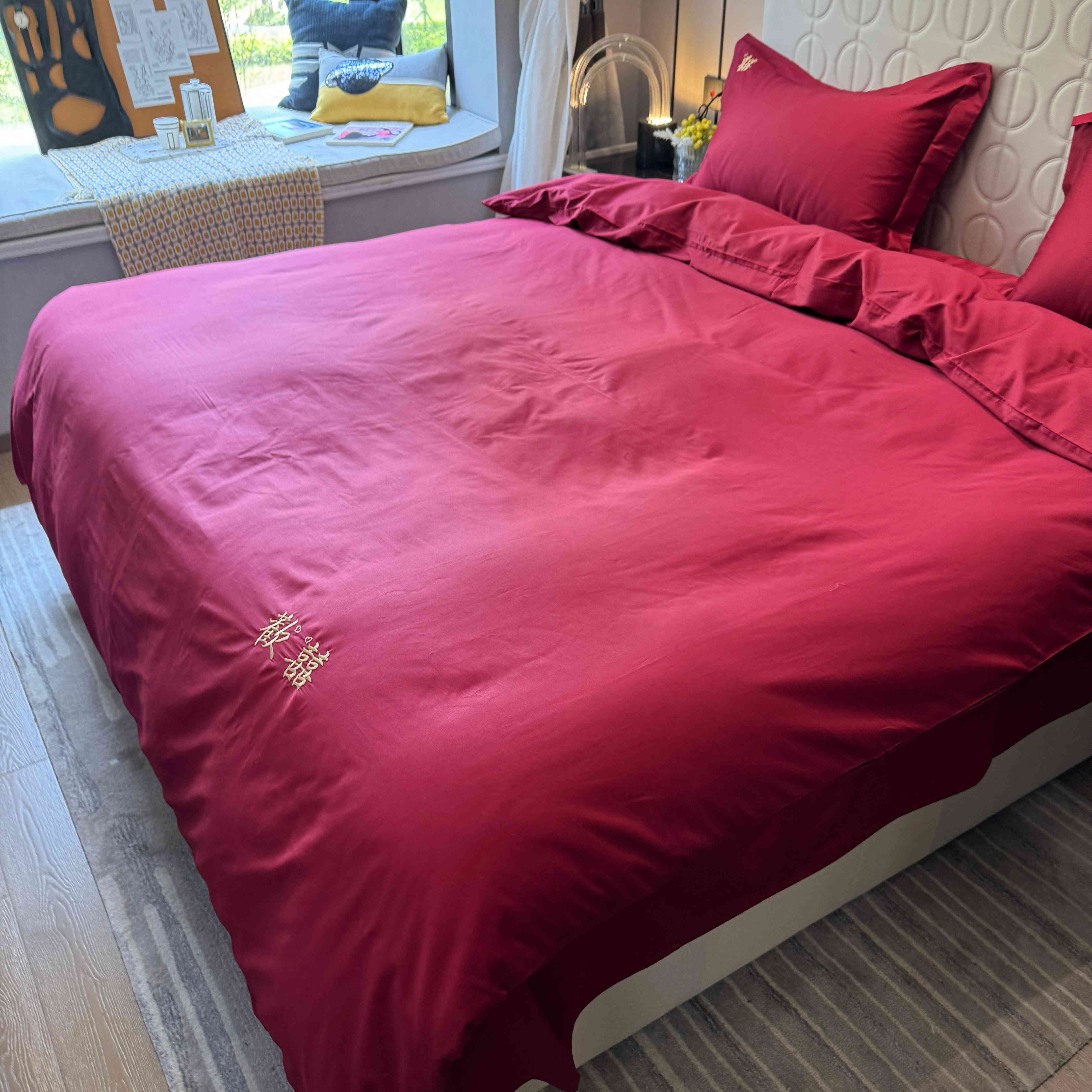 轻奢囍字婚庆新疆长绒棉贡缎刺绣四季通用全棉纯棉高级床上四件套