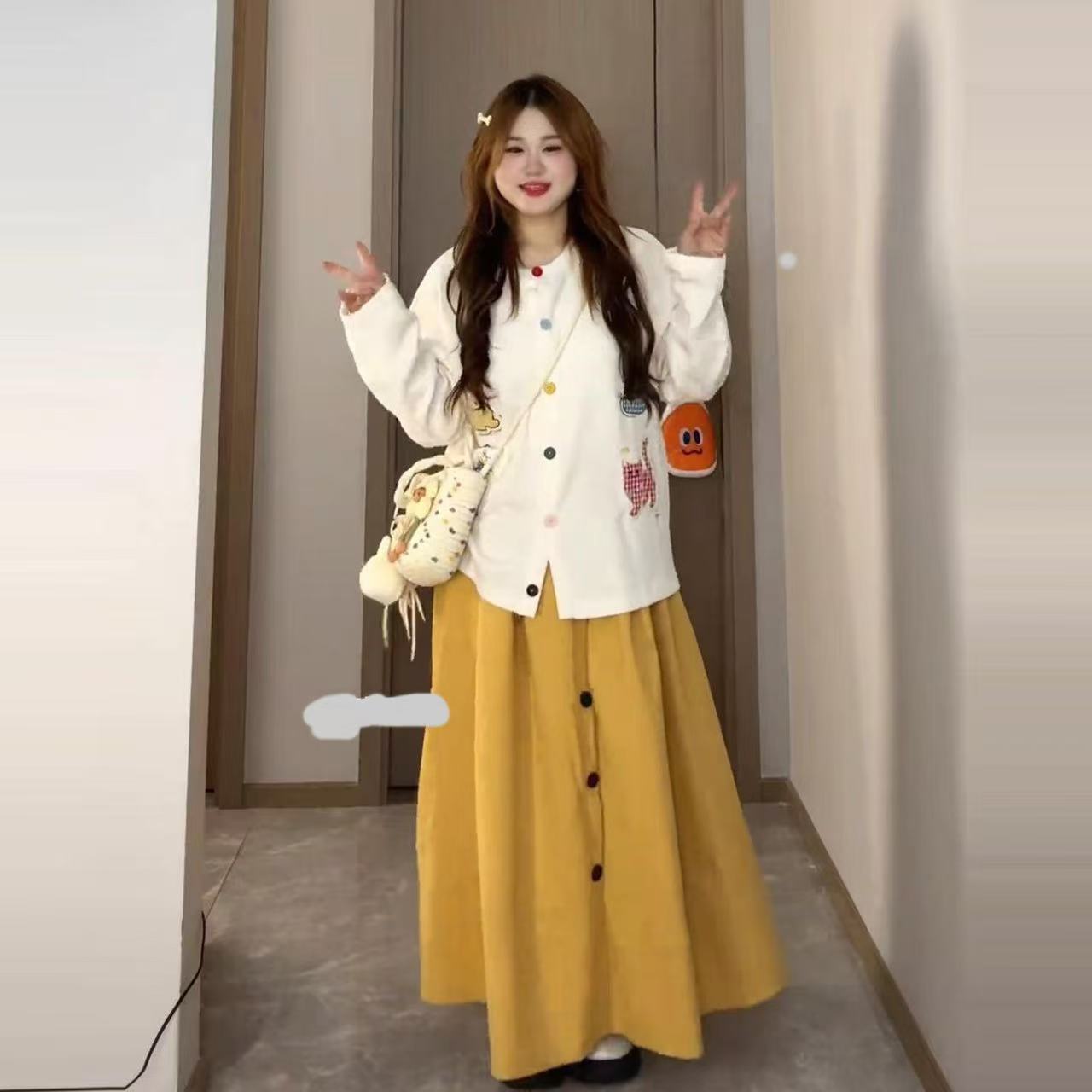 大码慵懒风时尚套装女秋季胖MM宽松休闲毛衣软糯高腰半身裙两件套