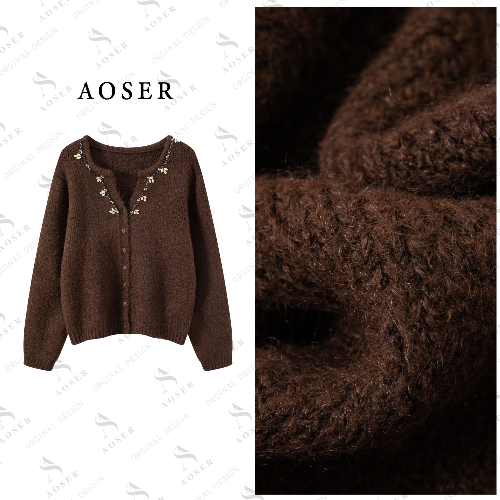 AOSER时尚宽松显瘦百搭咖色烫钻针织开衫日常休闲风2628