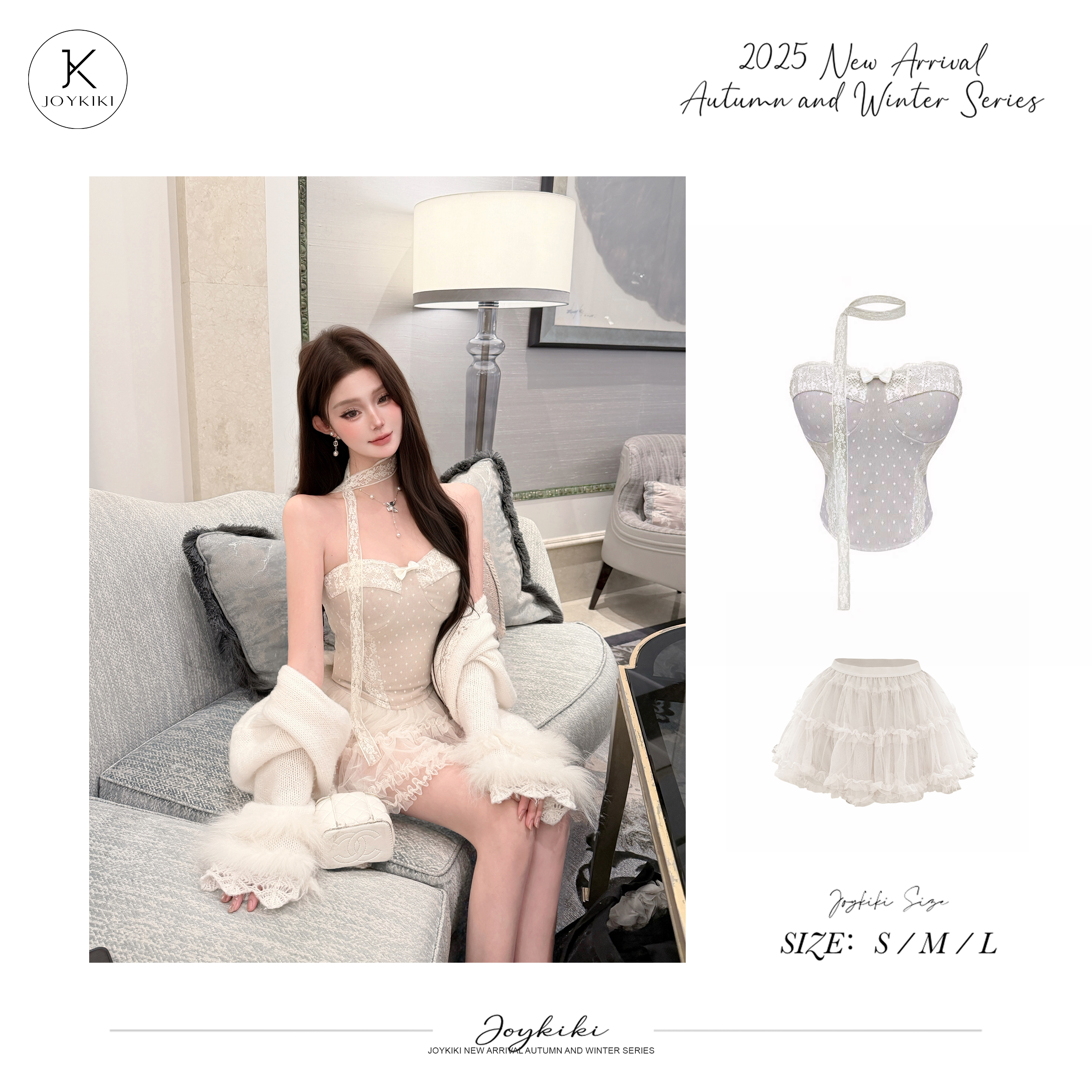 JOY KIKI鹅了么【轻熟欧尼】纯欲波点蕾丝拼接修身显瘦套装J25C476