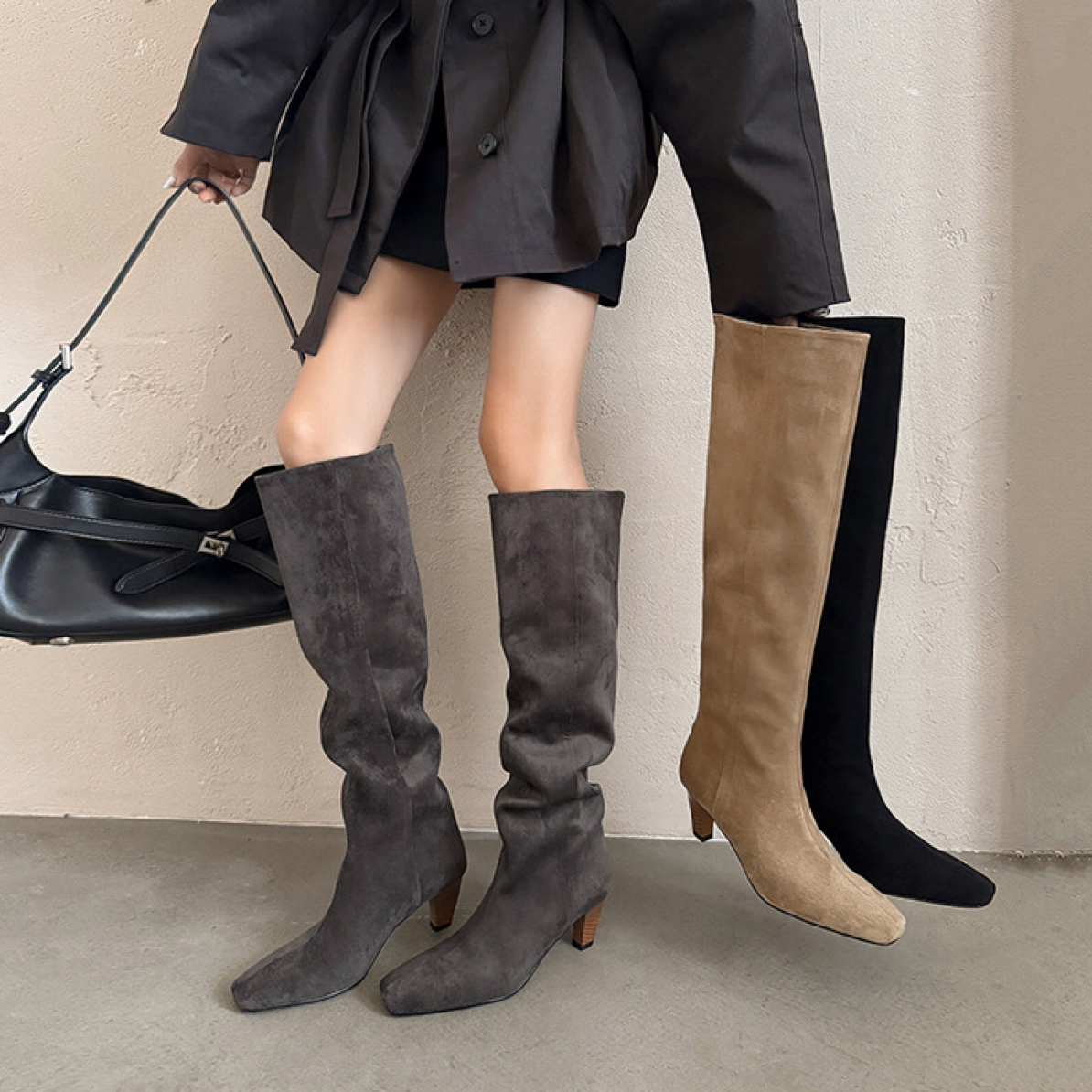 6CM极简风时尚百搭高筒长靴2025秋冬新款方头粗跟不过膝骑士靴女