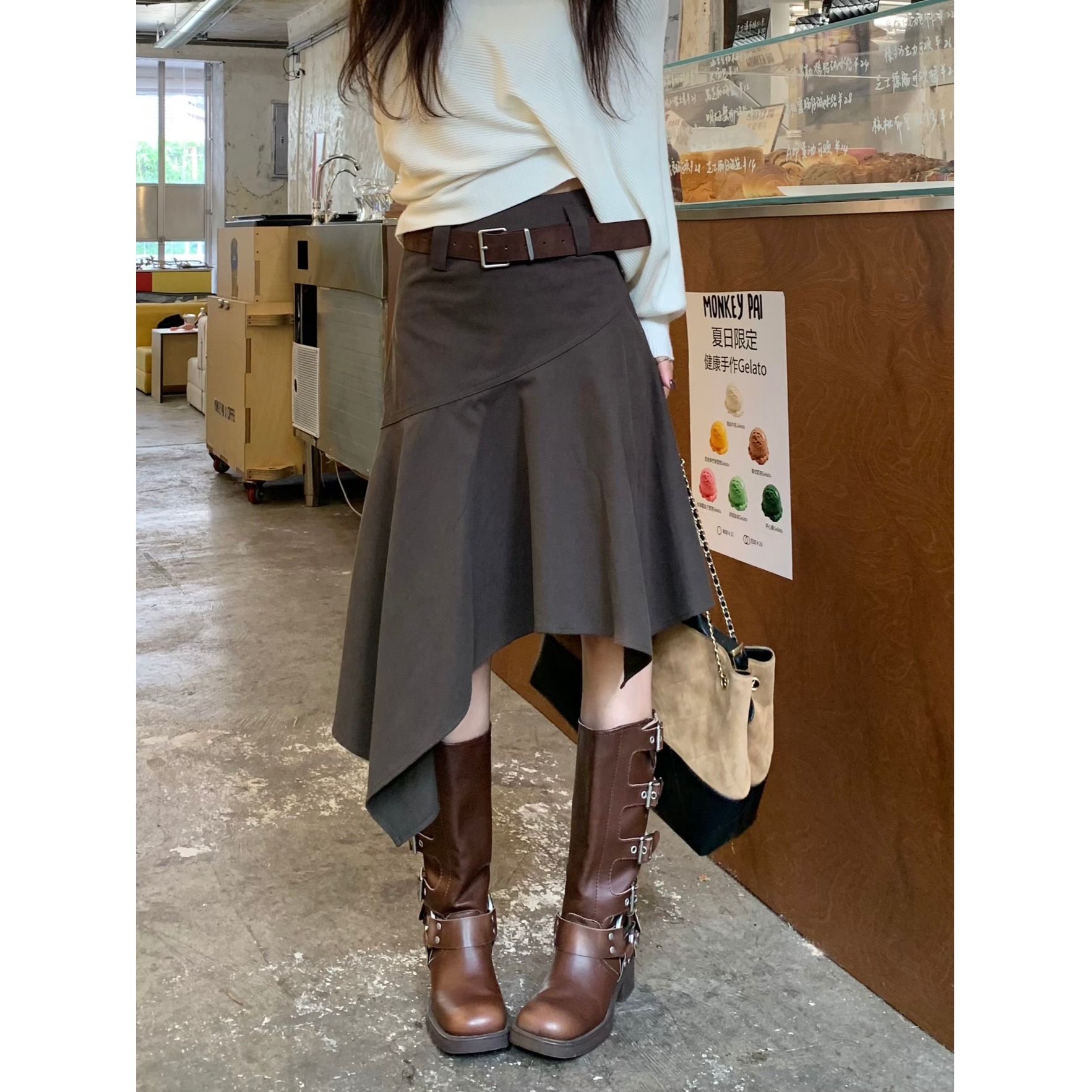 秋季小众a字裙别致中长裙美式复古不规则半身裙高腰咖色裙子女装