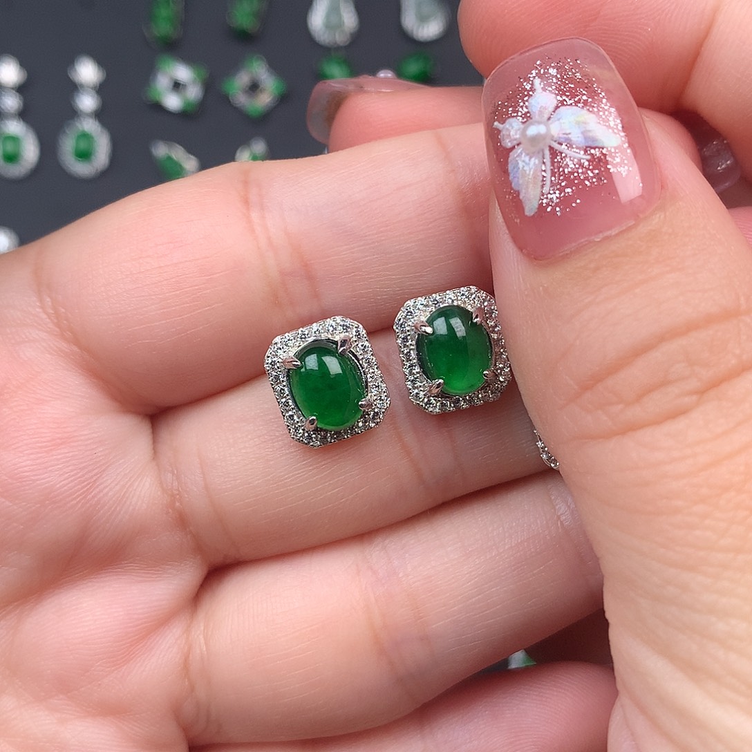 可***子翡翠银S925镶嵌耳饰