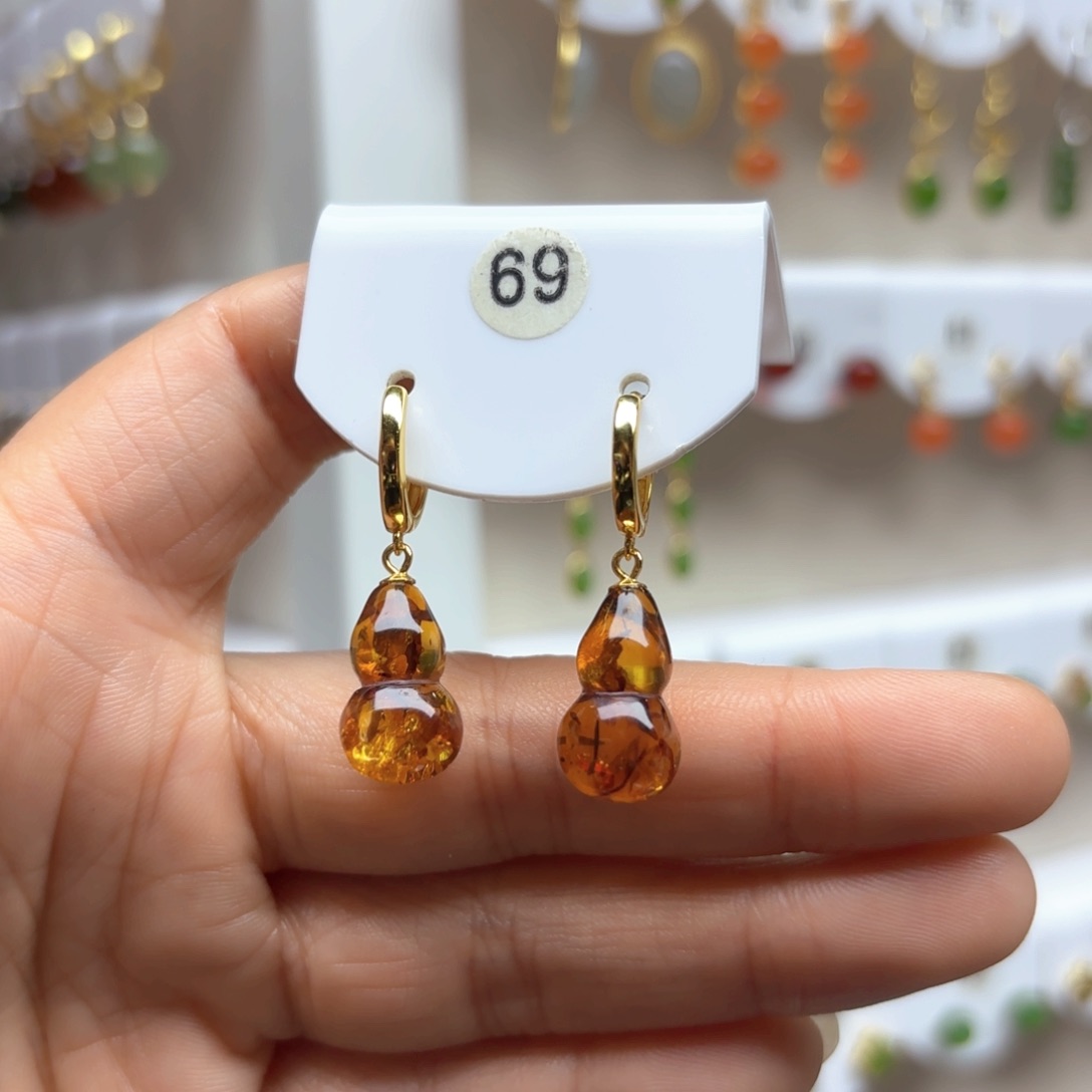 琥珀（花珀）耳饰银S925镶嵌花珀