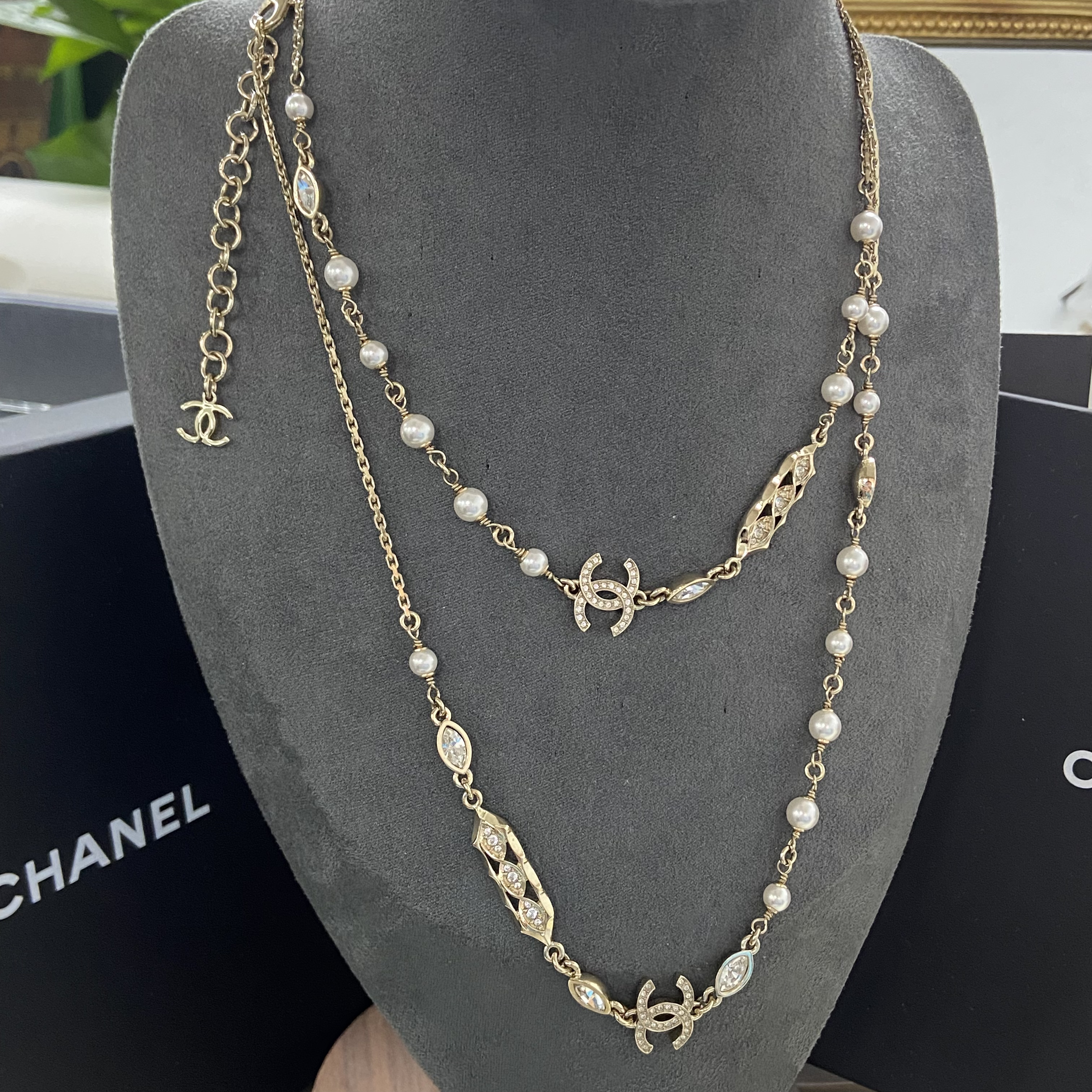 全新未使用 Chanel/香奈儿 经典 时尚 长款 香槟金 镶钻 珍珠项链