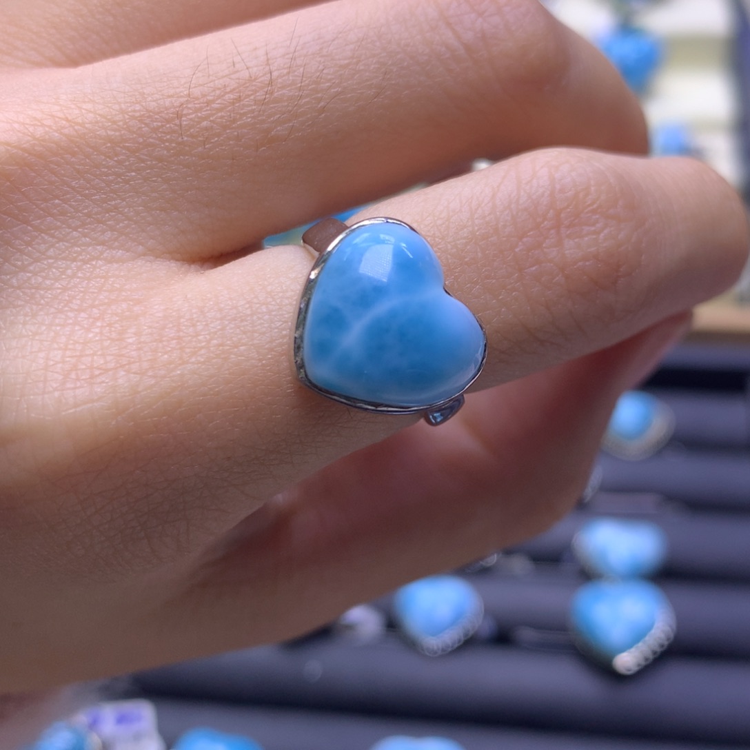针钠钙石（海纹石）银S925镶嵌戒指爱心戒指色差略异
