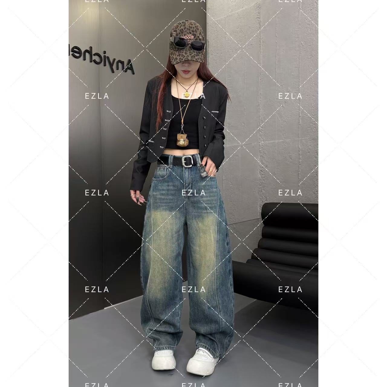 EZ8695新款2025弯刀裤小个子微胖显瘦百搭宽松阔腿裤美式牛仔裤子