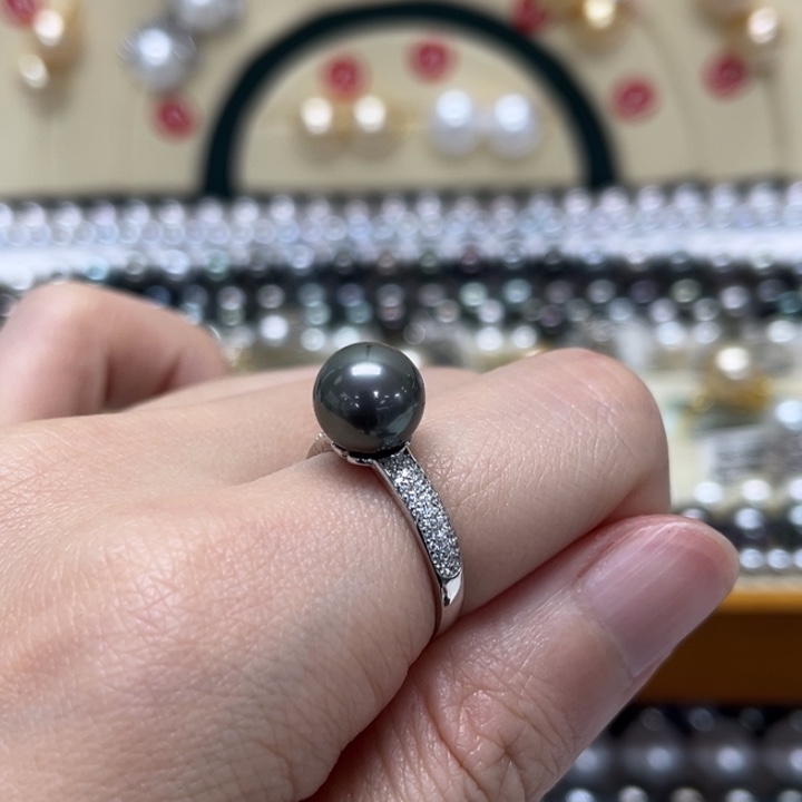 海水珍珠戒圈银S925镶嵌大溪地 9-10mm 7号