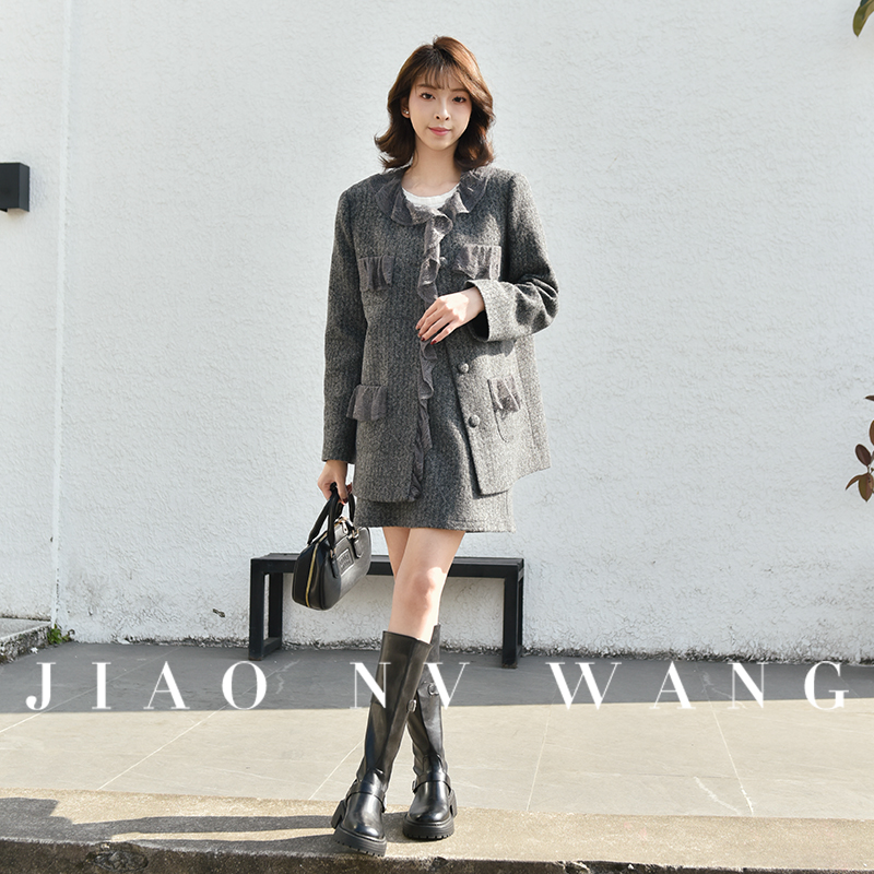 【娇女王原创】法式小香风外套短裙套装女复古蕾丝褶皱边西装两件套