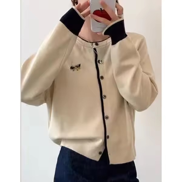 玲姐定制-圆领撞色边卡通小马图案刺绣款休闲百搭针织开衫451731