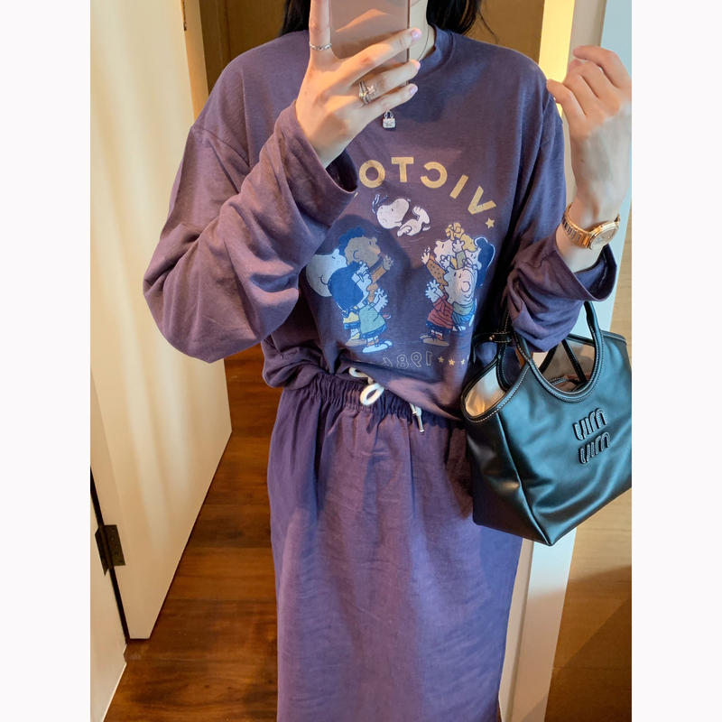 【张静芝】韩国新品~可爱卡通印花宽松减龄女生长袖T恤