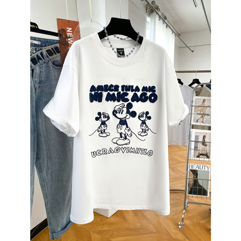 美式潮牌刺绣白色短袖t恤女2025夏季宽松大码oversize纯棉上衣服