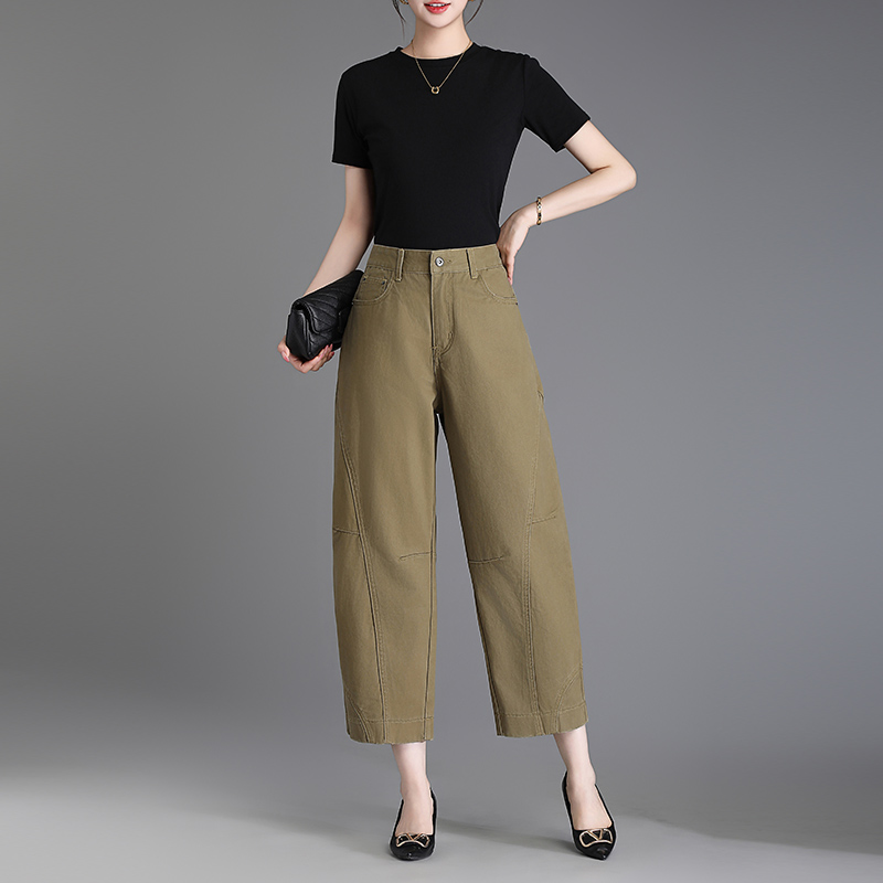 高腰卡其色阔腿八分休闲牛仔裤女2025夏季新品大码宽松显瘦休闲裤