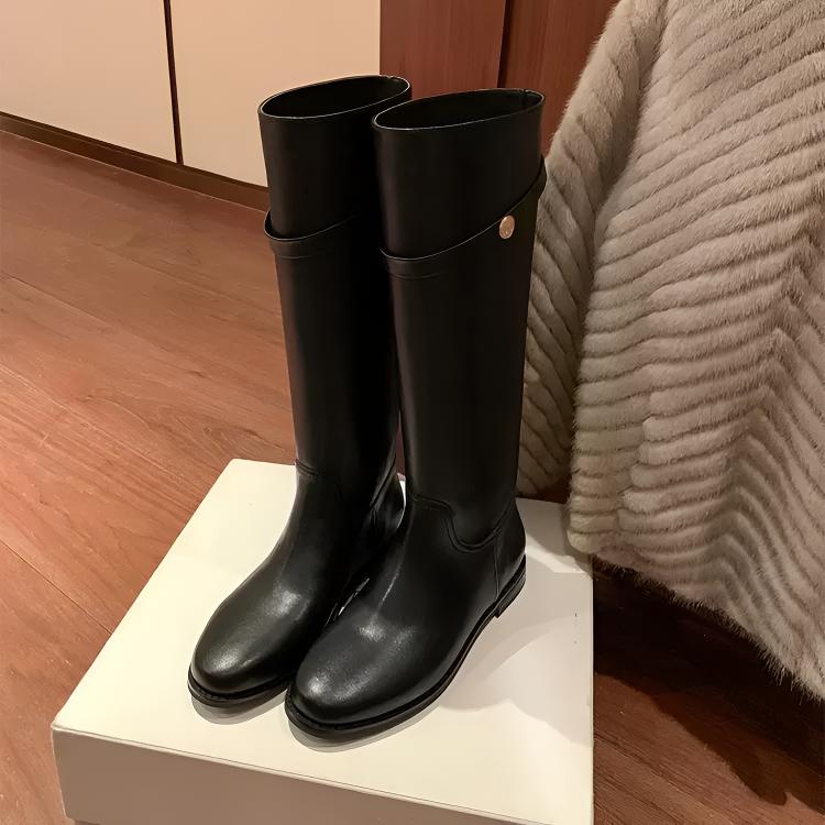【茵茵家】韩剧女主~韩国真皮小金扣中高筒靴长靴女骑士靴子秋新款 