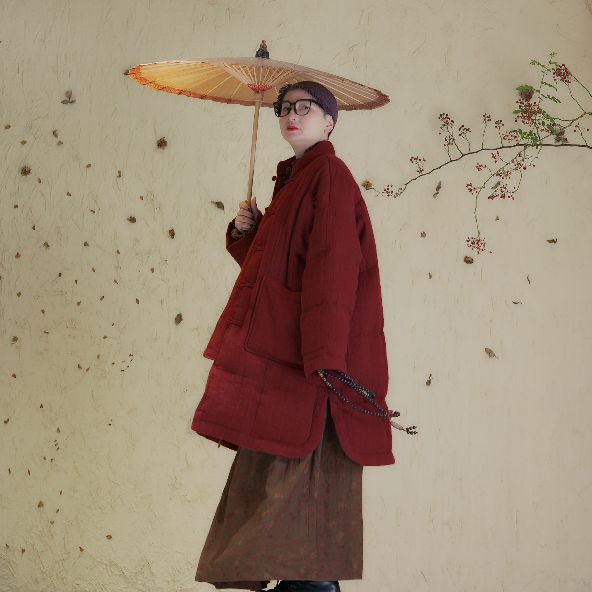 禾记年【奉禧】汉麻立领盘扣国风复古宽松白鸭绒过膝中长款羽绒服