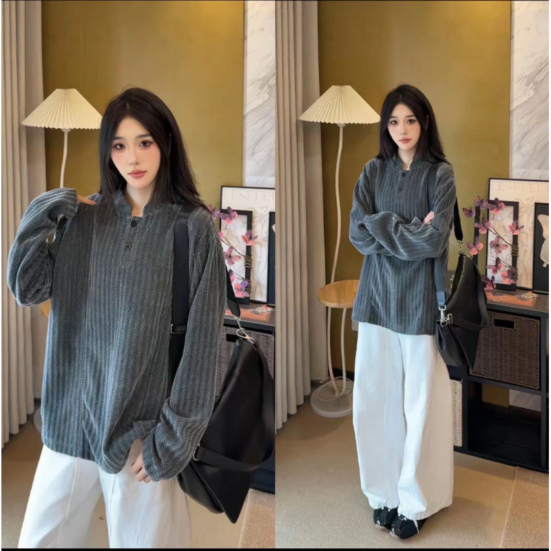 muxiaofei/慕小菲黑白拼色鱼骨纹长袖男美式慵懒感卫衣宽松打底衫