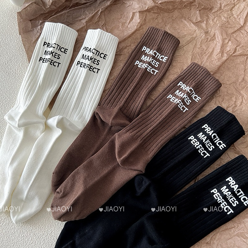 袜子女中筒袜后跟刺绣百搭ins潮棉袜双针运动秋冬堆堆长筒袜男款