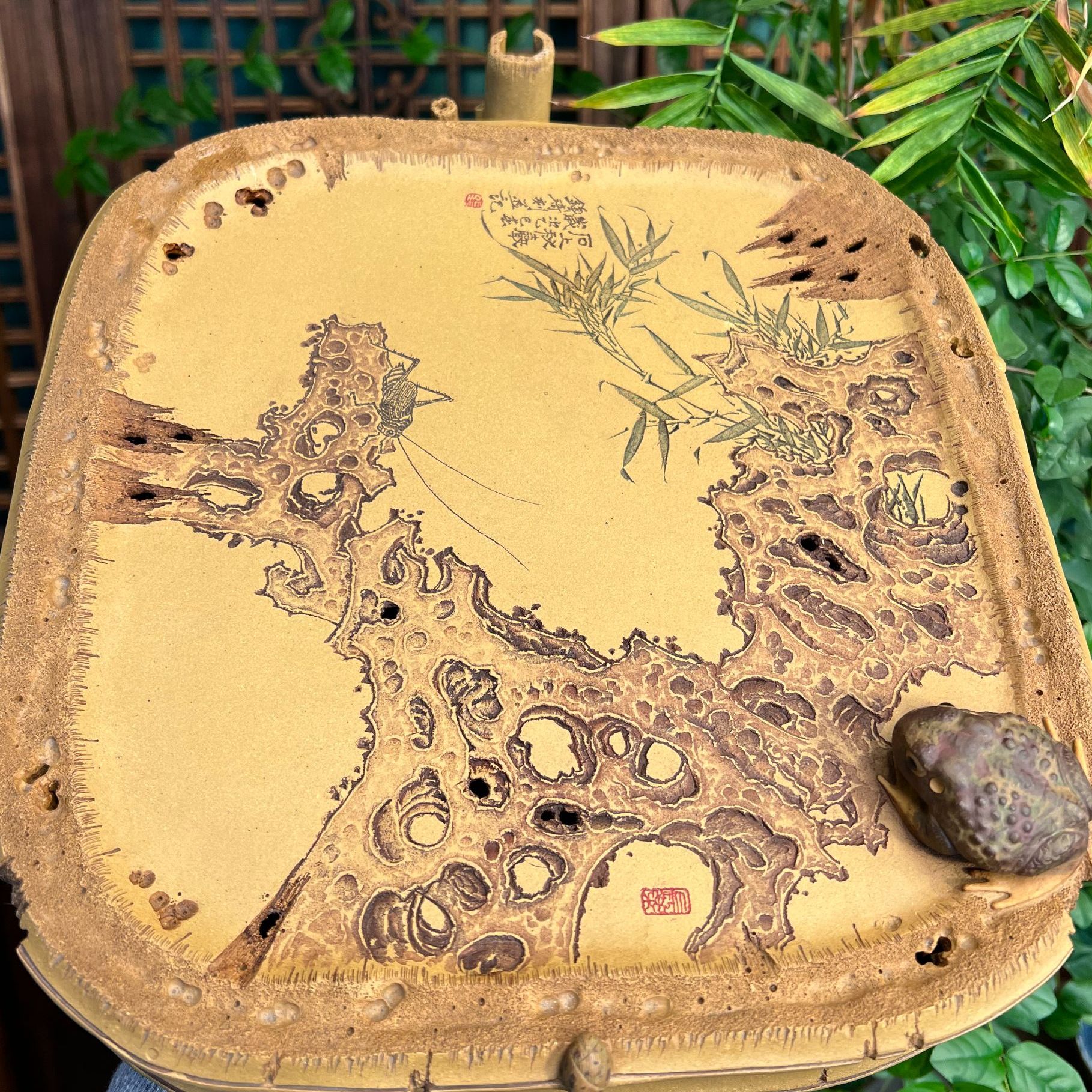 砂宴茶器陈真亲工原矿紫砂全手制作黄金段《蝈蝈竹报平安》干泡茶台