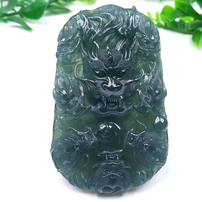 天然A货翡翠冰润老蓝水九龙至尊挂件生意兴隆尺寸80.8-49-10mm