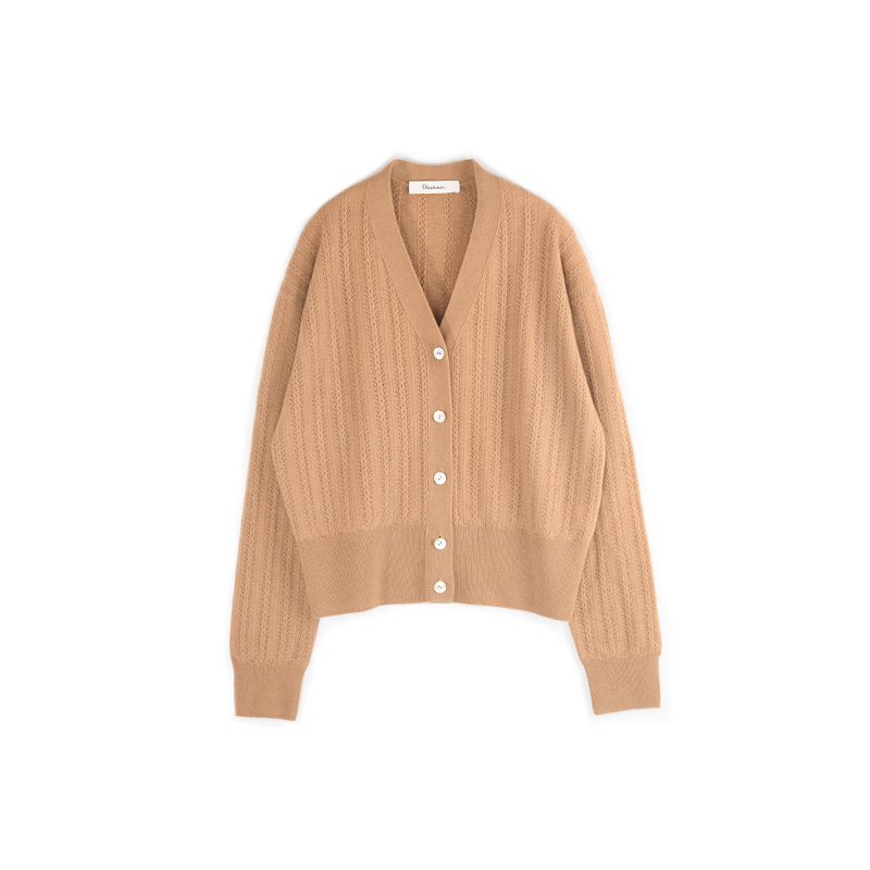 朴兰诗美新定制针织镂空钩花驼色白色百搭羊绒开衫