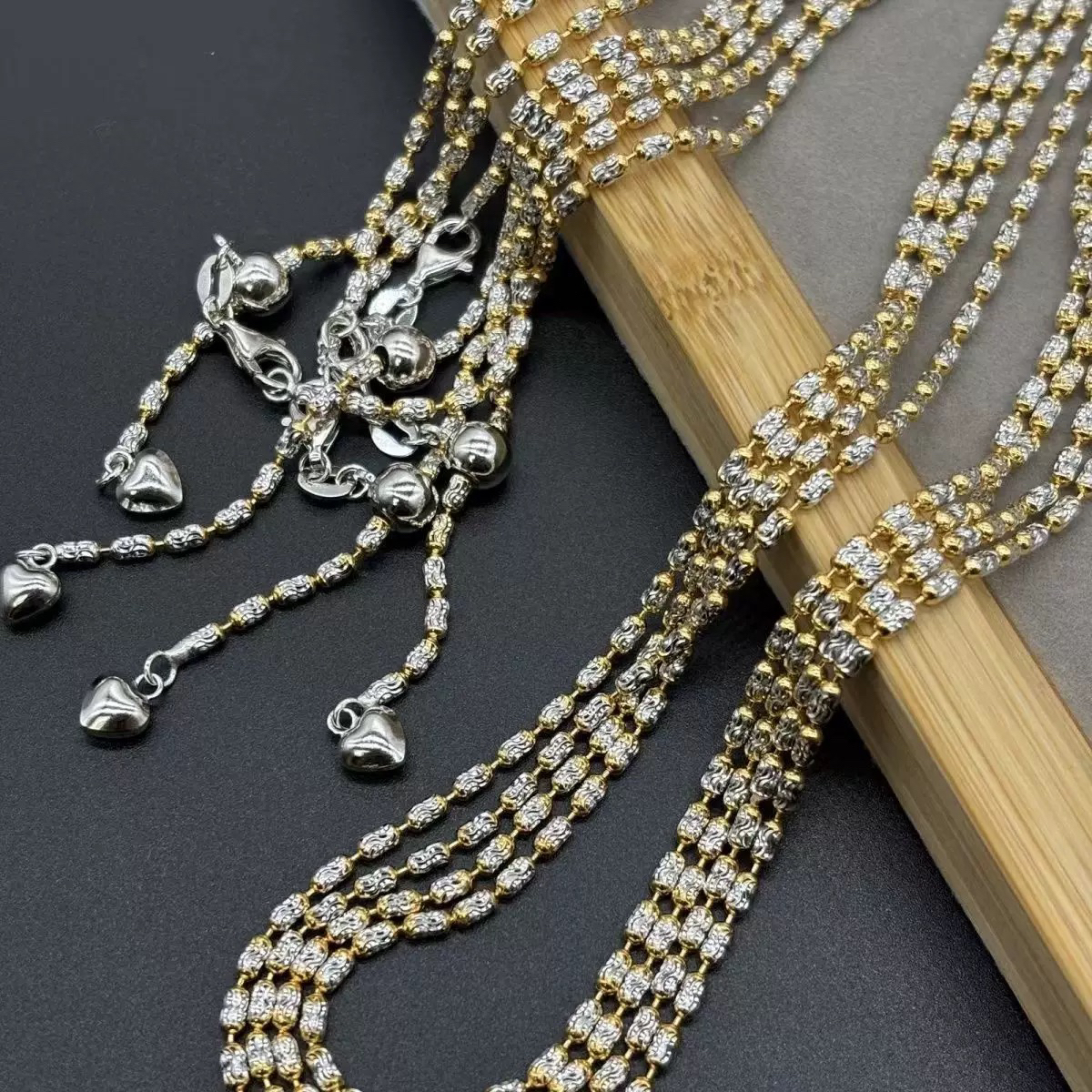 925银银制品 加长925链镀双拼色米珠豆豆可调节毛衣链