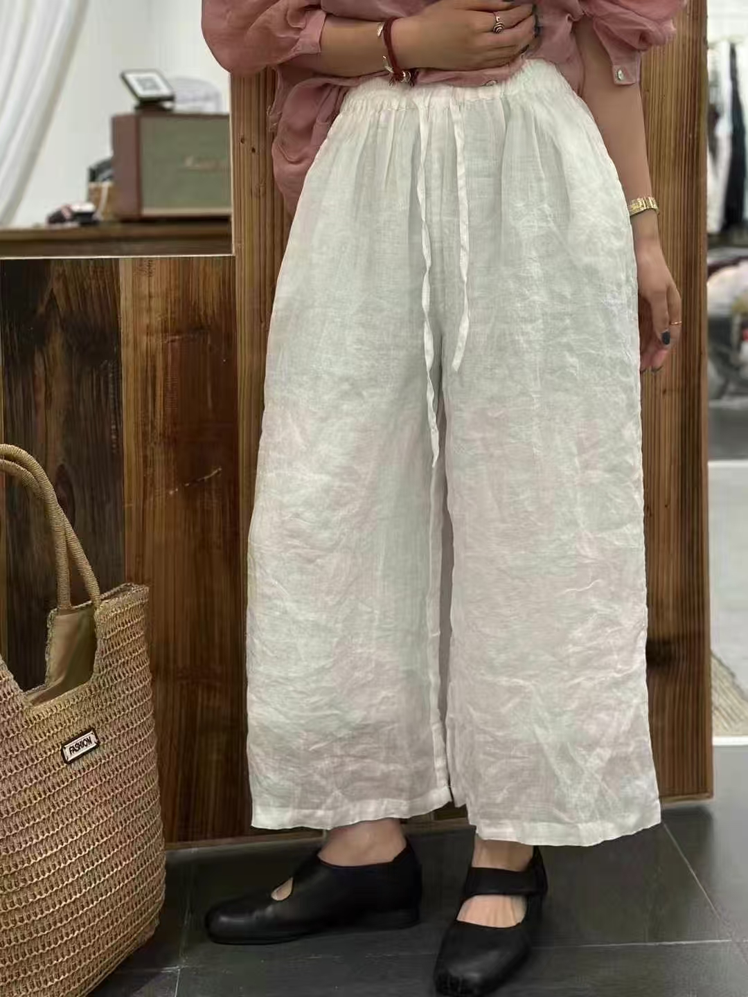 夏季纯苎麻双层八分宽松直筒裤