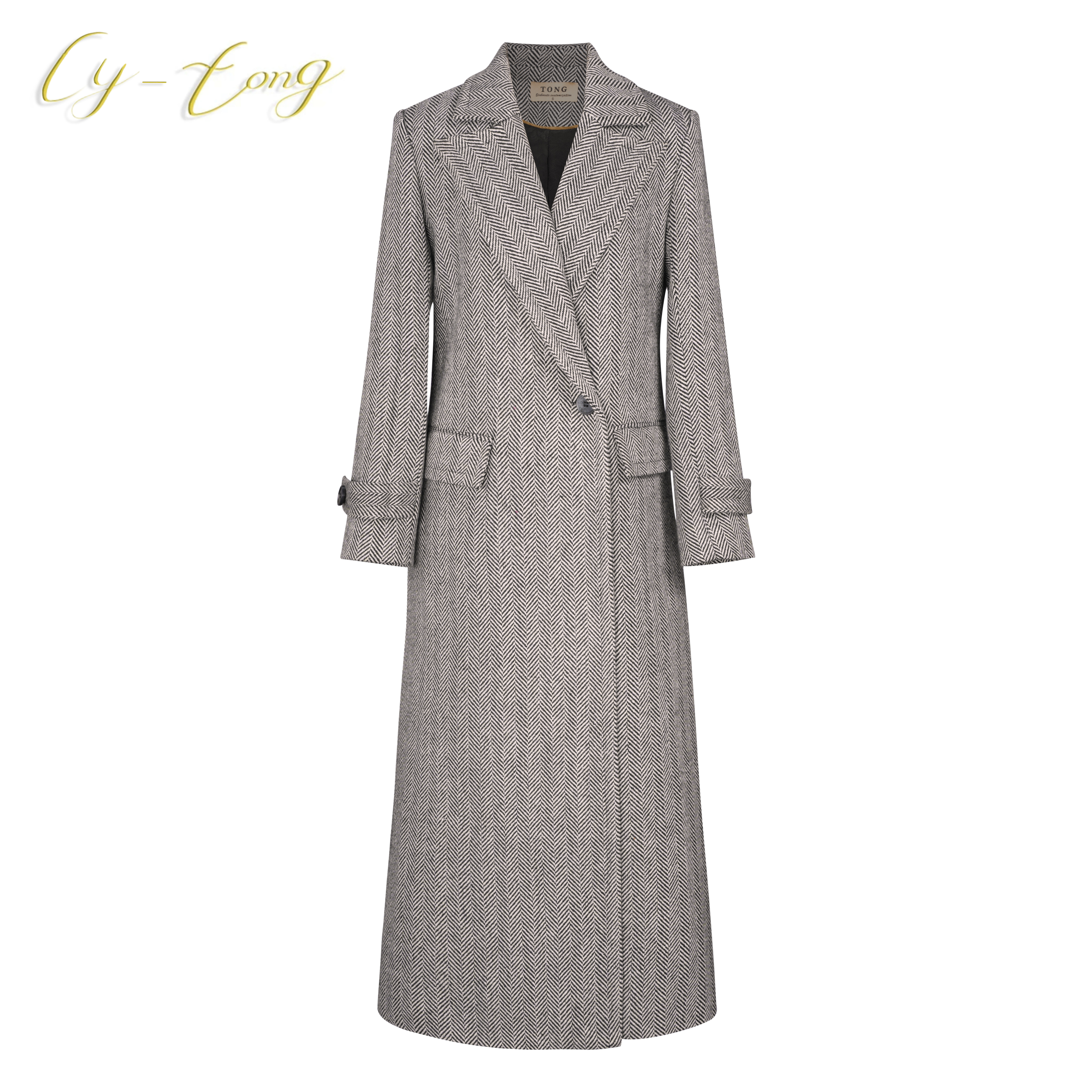 【彤姐原创】冬季时尚设计师轻奢气质人字纹翻领中长大衣W23B031