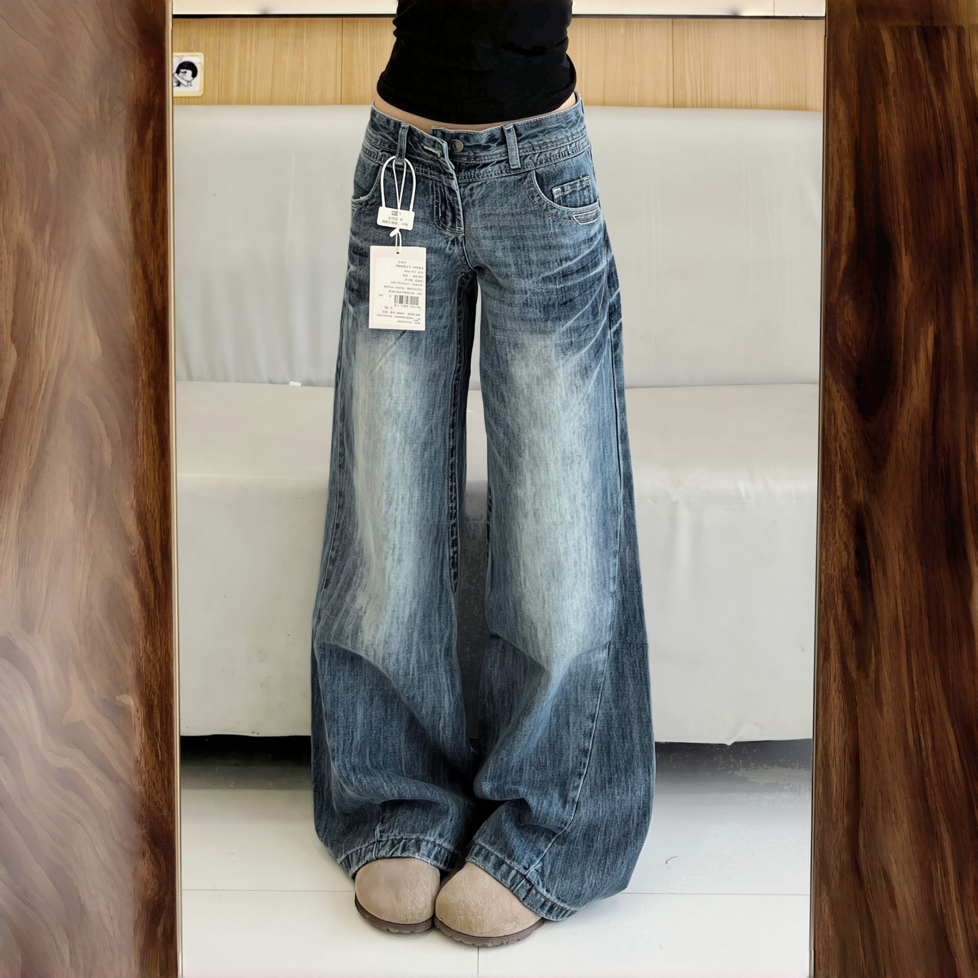 秋季加绒纯欲慵懒风宽松阔腿牛仔弯刀裤女小个子复古梨形身材裤子