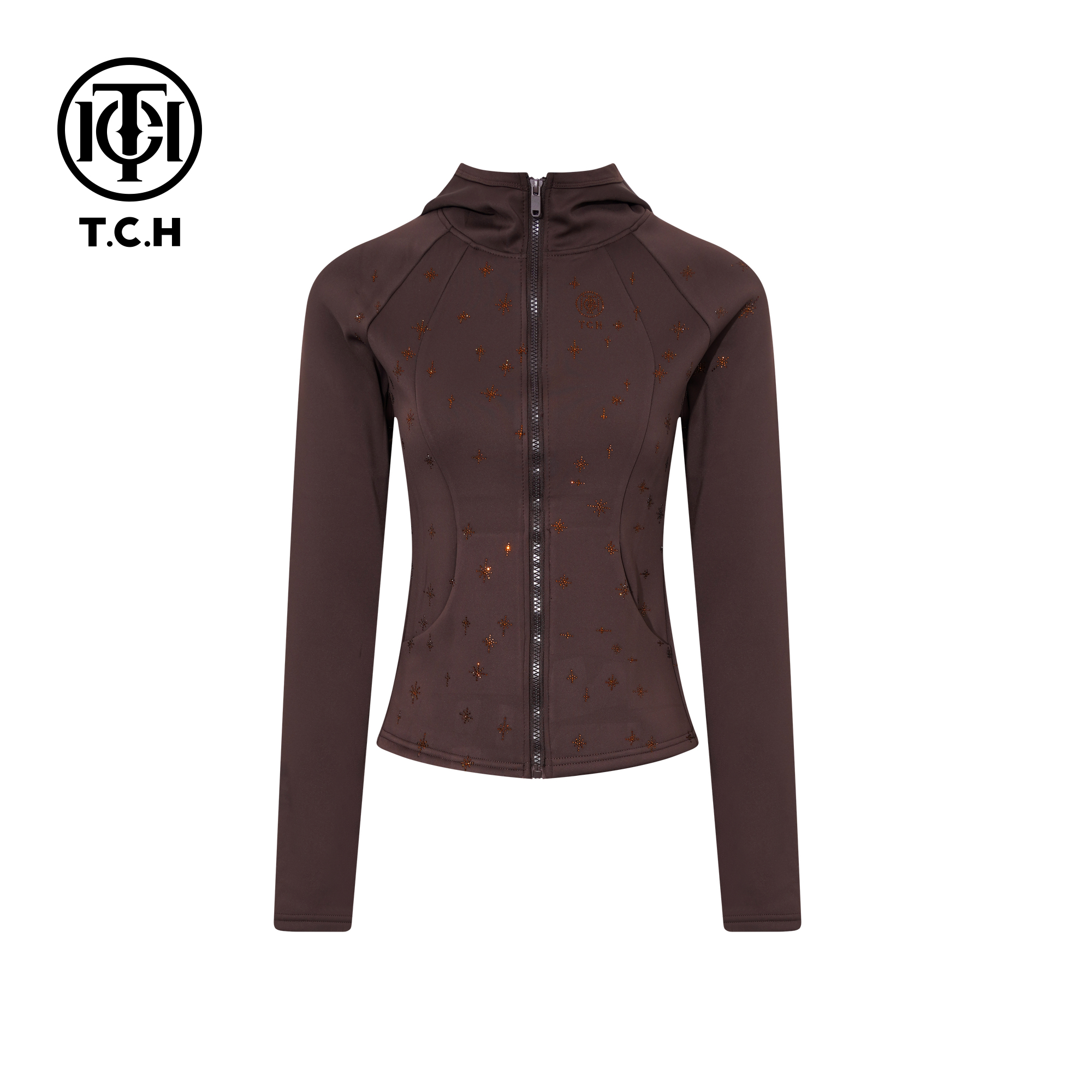 TCH【冬季穿搭】冬款时尚烫钻咖色休闲风女装针织衫T75D27E1059