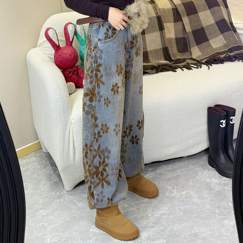 3652冬季新款加厚金丝绒高腰牛仔裤阔腿裤百搭时尚女裤