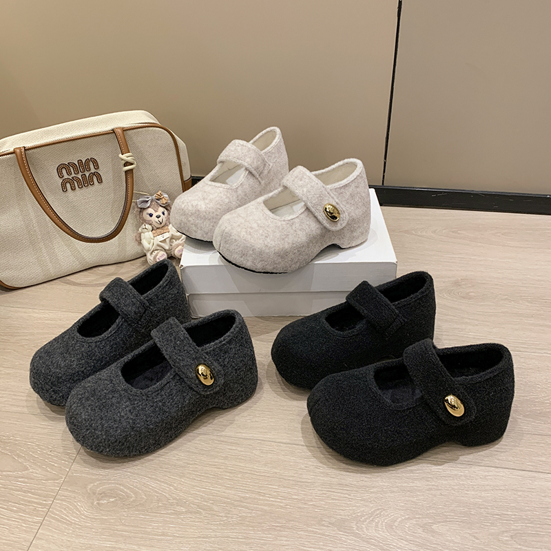 欧货呢子毛毛鞋一字魔术贴玛丽珍厚底松糕单鞋小个子6cm加绒女鞋