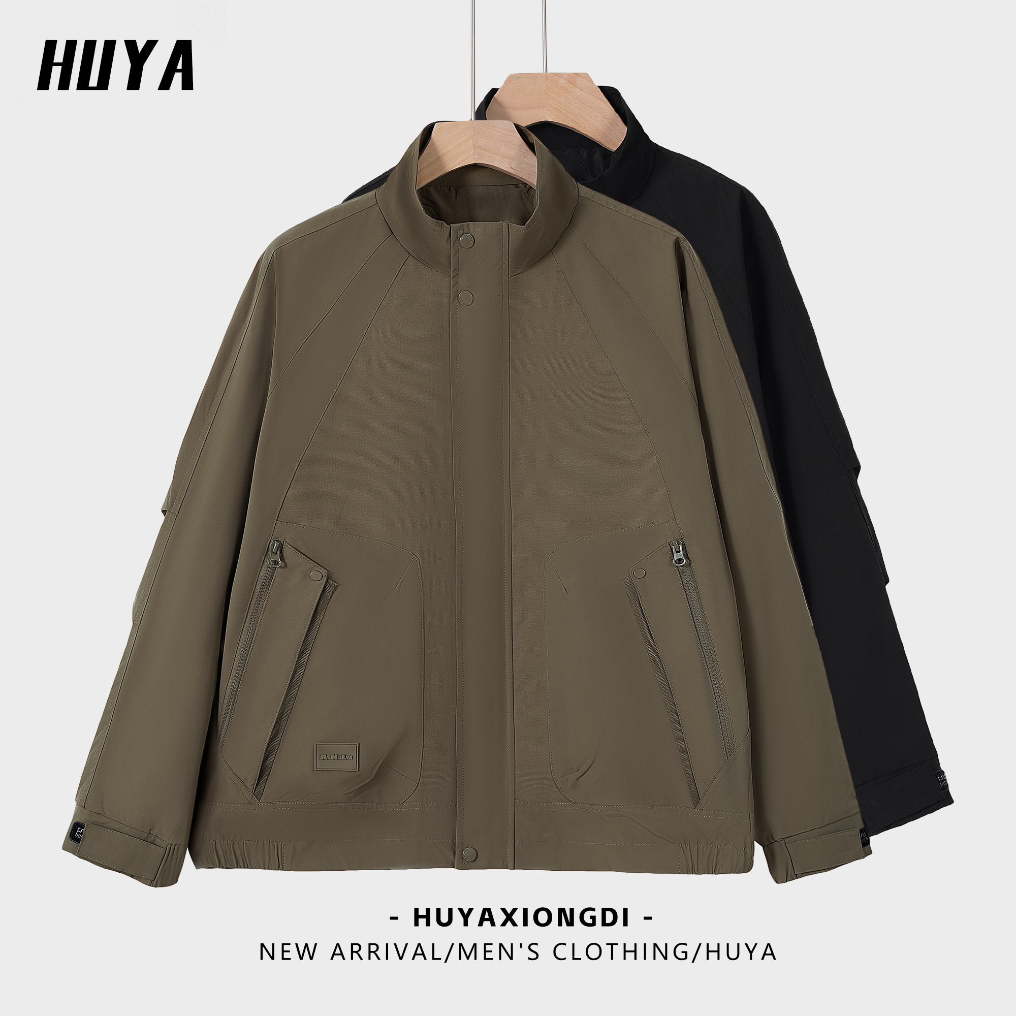 HUYA早秋新款美式复古简约百搭拉链字母贴标立领纽扣男夹克LT9906