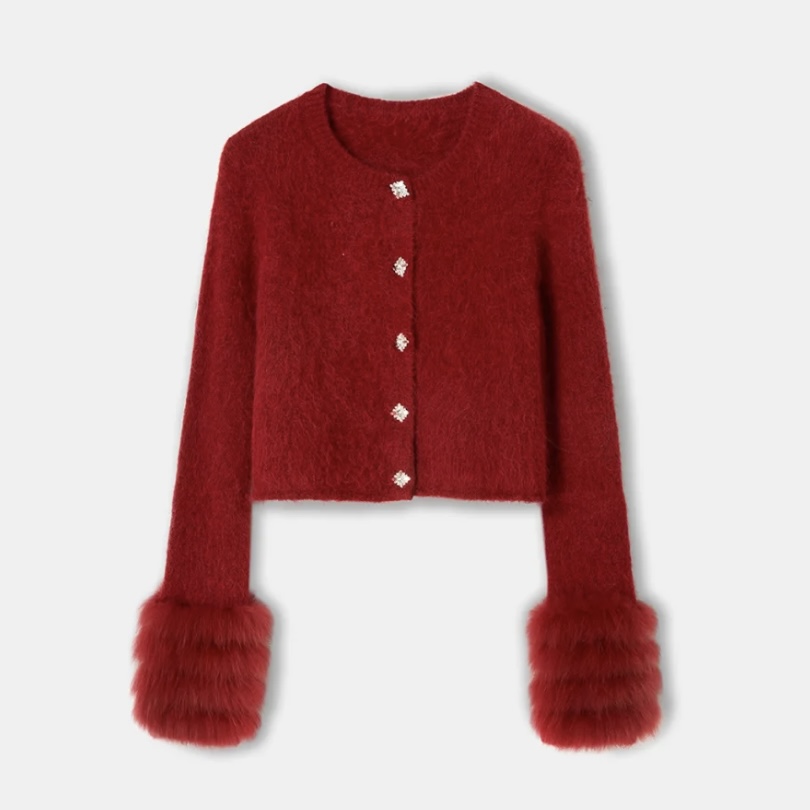 《猪猪出品》红色V领拼接三层长袖流苏毛针织衫法式名媛毛衣开衫