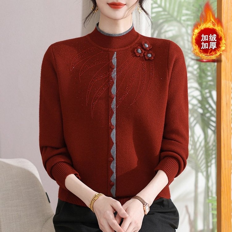 中老年女装本命年新款加绒加厚一体绒妈妈装秋冬针织保暖上衣