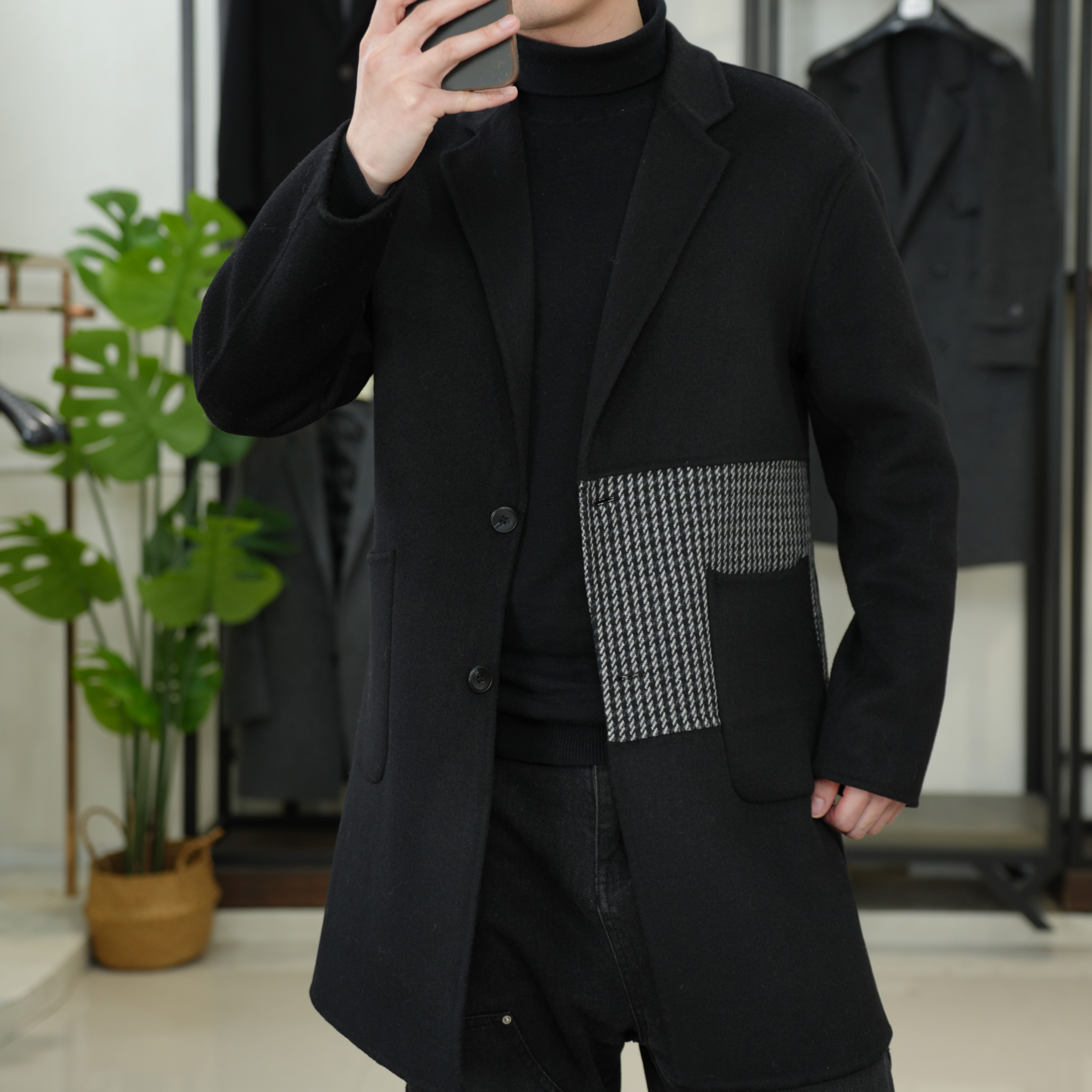 【娄氏】70%羊毛中长款拼接毛呢春秋大衣男装修身呢大衣外套